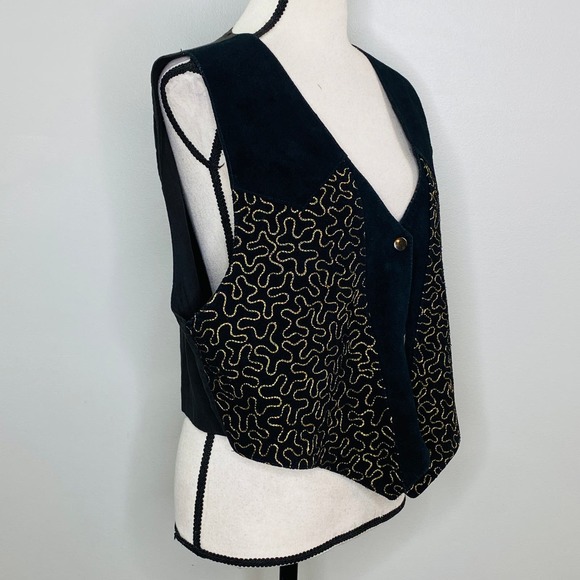 Vintage Gold Embroidered Black Suede Vest Womens Large Maximalist Rodeo Festival - Picture 3 of 12